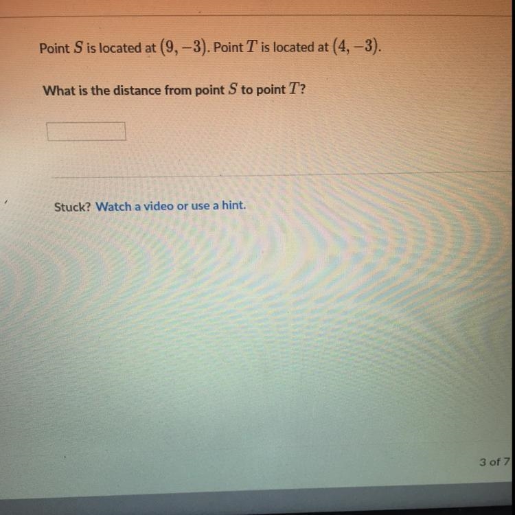 Point S is located at (9,-3). point T is located at (4,-3). What is the distance from-example-1