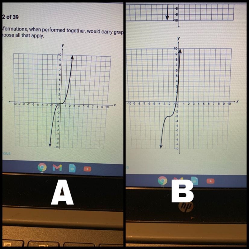 Which transformations, when performed together, would carry graph A onto graph B? Choose-example-1