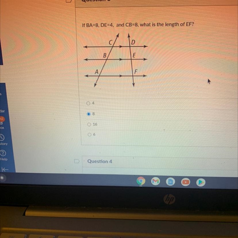 If BA=8, DE=4 and CB=8, what is the length of EF? a.4 b.8 c.16 d.6-example-1