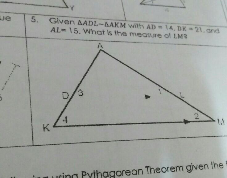 5. Given AADL AAKM with AD = 14, DK = 21, and AL= 15. What is the measure of LM?​-example-1