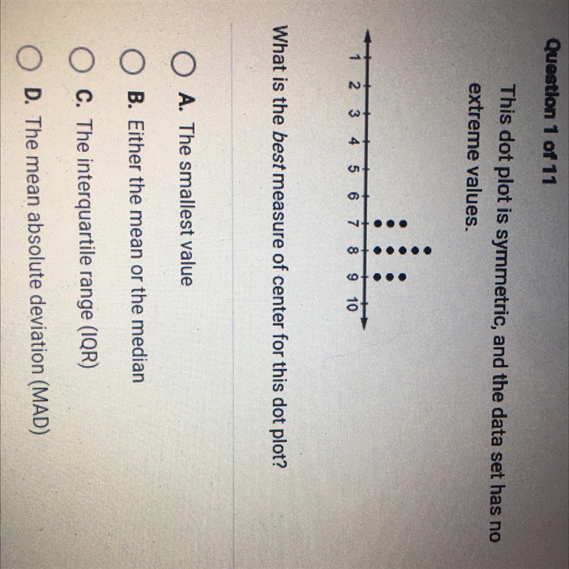 PLEASE HELP :) This dot plot is symmetric, and the data set has no extreme values-example-1