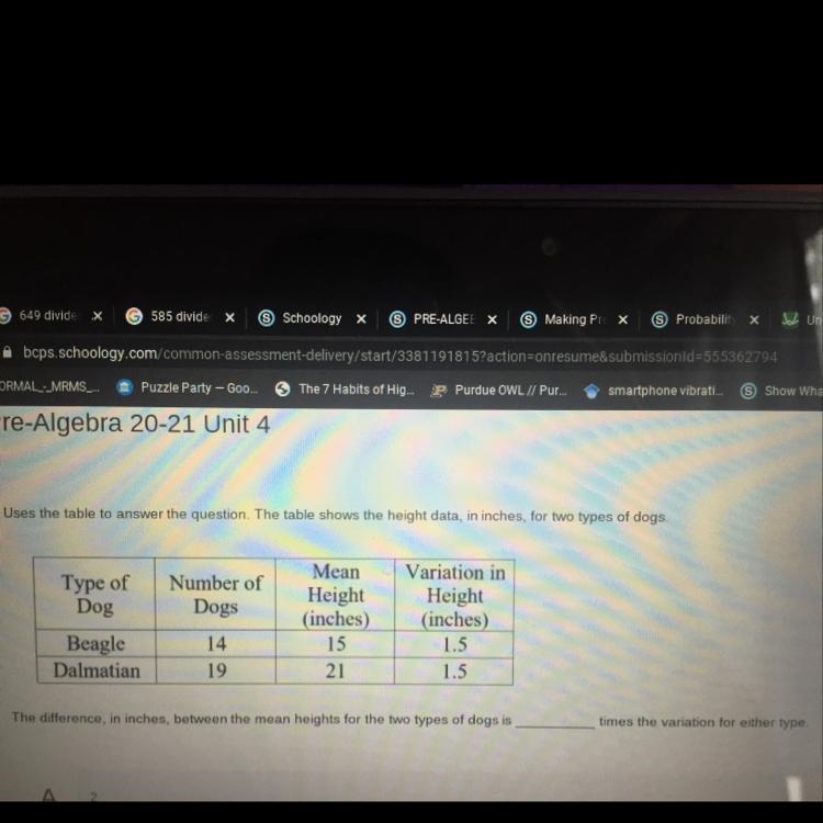 Uses the table to answer the question. The table shows the height data, in inches-example-1