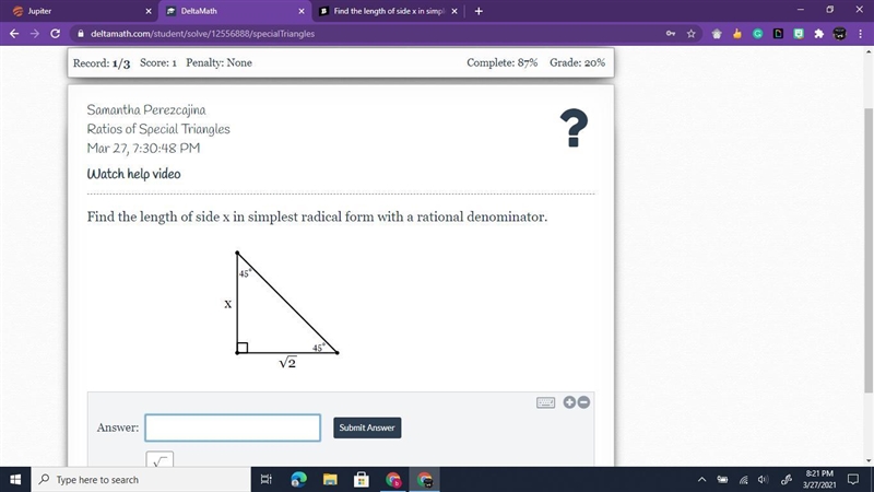 Find the length of side x in the simplest radical form with a rational denominator-example-1