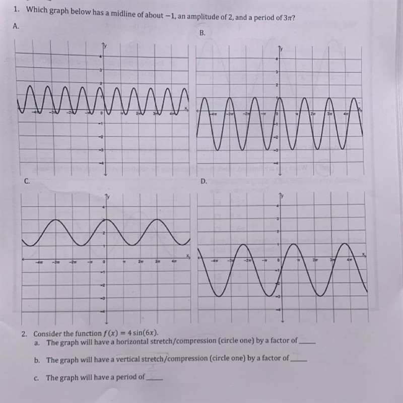 Which graph below has a midline of about -1, an amplitude of 2, and a period of 3pi-example-1