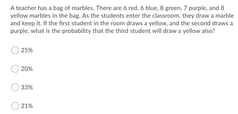 *probability question* There are 6 red, 6 blue, 8 green, 7 purple, and 8 yellow marbles-example-1