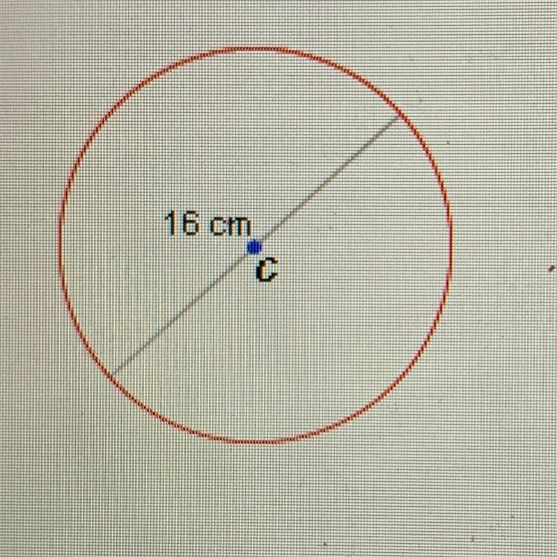 What is the approximate area of the circle shown below? A. 50 cm2 B. 201 cm2 C. 804 cm-example-1