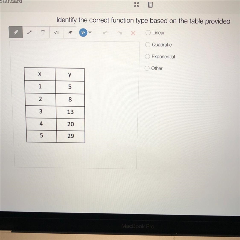 Identify the correct function type based on the table provided A-Linear B-Quadratic-example-1