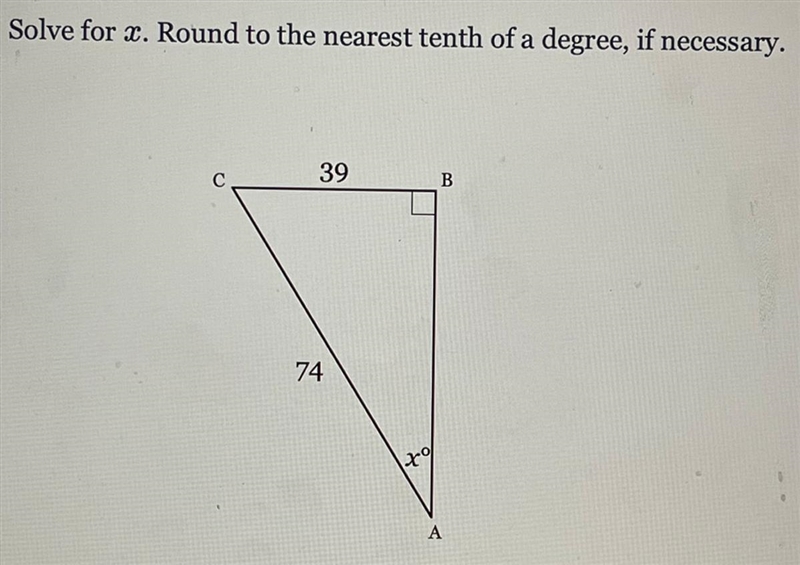 Solve for x. Round to the nearest tenth of a degree, if necessary-example-1