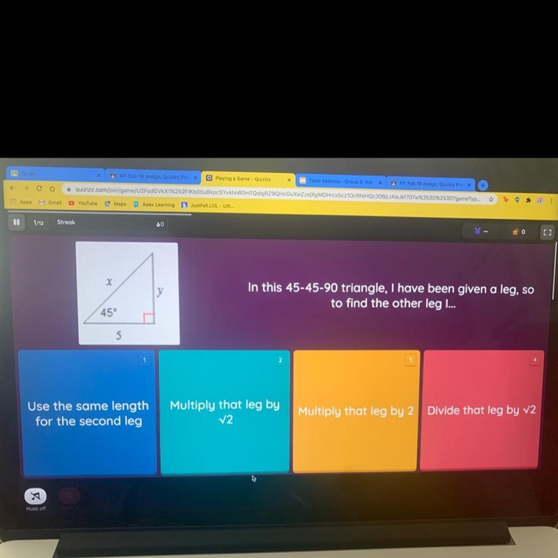 In this 45-45-90 triangle, I have been given a leg, so to find the other leg I...-example-1