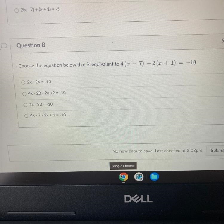 Anybody know how to solve this ? 4 (x-7)-2(x+1)=-10-example-1