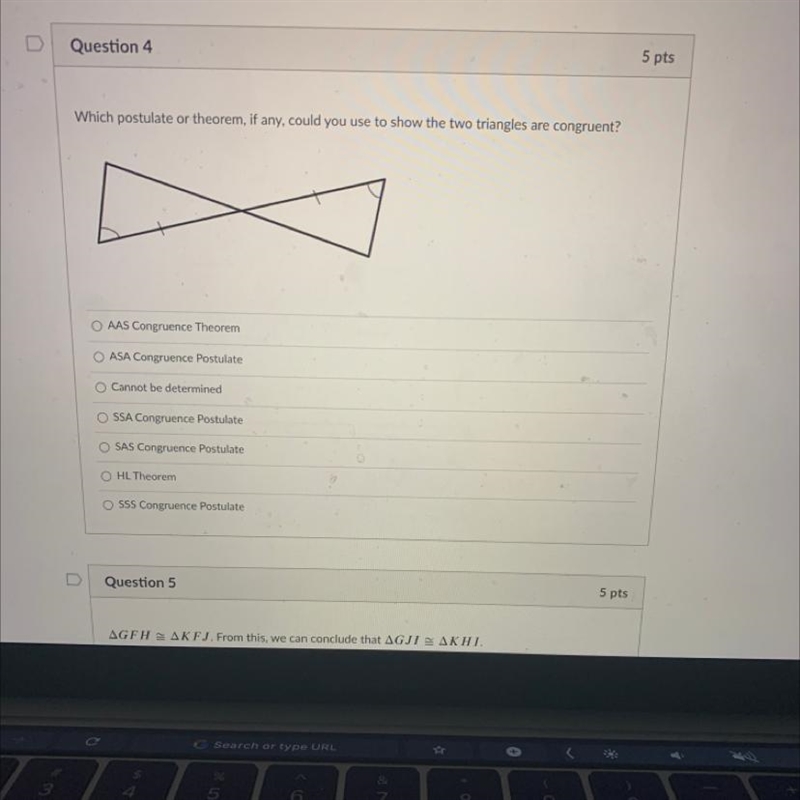 Which postulate or theorem, if any, could you use to show the two triangles are congruent-example-1