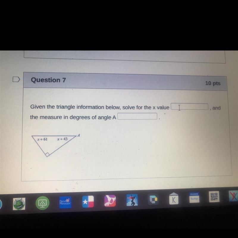 Given the triangle information below solve for the x value and the measure in degrees-example-1