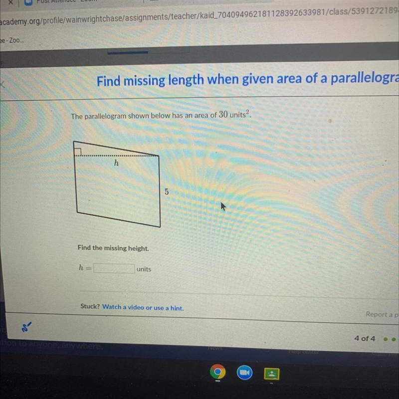 The parallelogram shown below has an area of 30 units2. 5 h Find the missing height-example-1