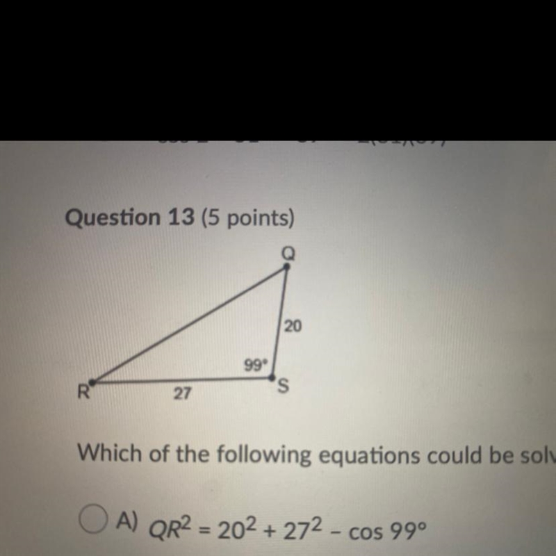 Which of the following equations could be solved to determine the length of QR? O-example-1