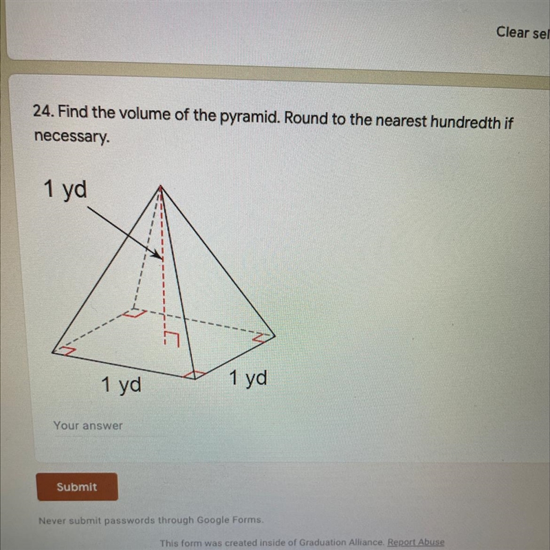 24. Find the volume of the pyramid. Round to the nearest hundredth if necessary. PLEASE-example-1