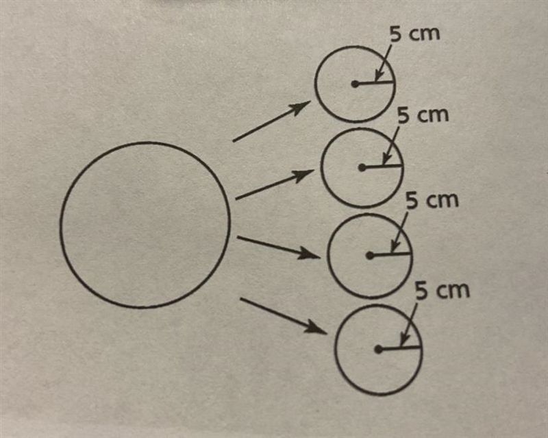 One large bubble separates into four small bubbles so that the total area of the small-example-1