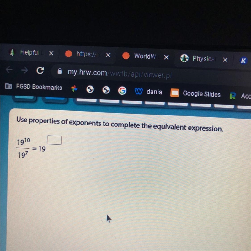 Use properties of exponents to complete the equivalent expression, 1910 197 19-example-1