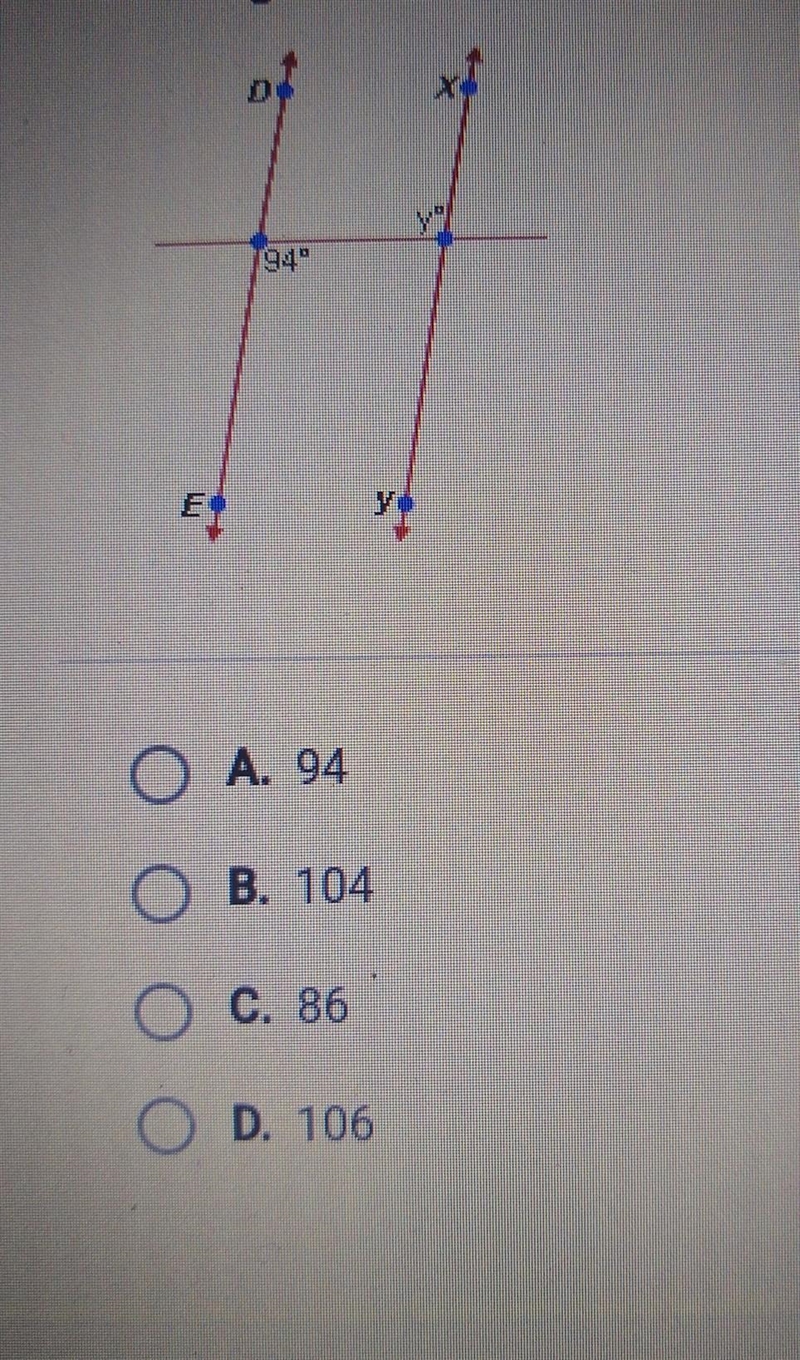 In the diagram below, DE is parallel to XY. What is the value of y?​-example-1