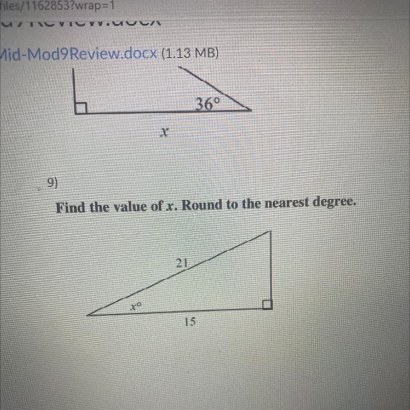 Find the value of x. Round to the nearest degree. 21 10 15-example-1