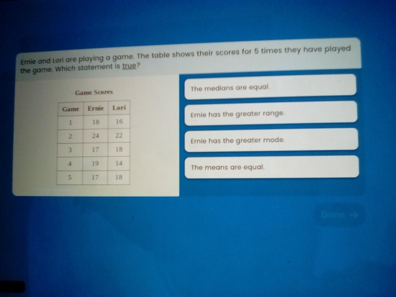 Ernie and Lori are playing a game. The table shows their scores for the 5 times they-example-1