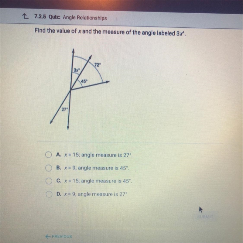 Find the value of x and the measure of the angle labeled 3X" 3x 45 27 A. X-15angle-example-1