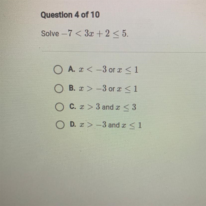 Solve -7<3x+2<5 (Multiple choice, picture added)-example-1