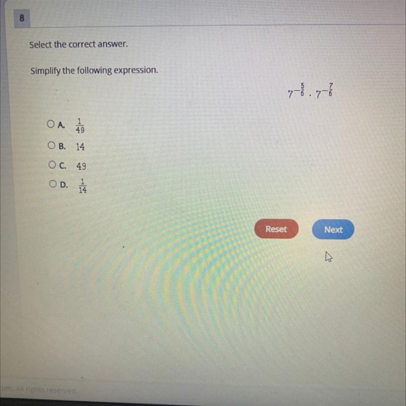 HELP ASAP!! Select the correct answer. Simplify the following expression.-example-1