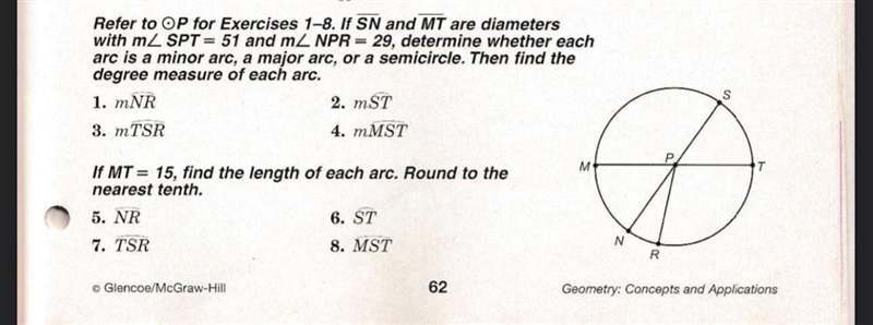 Refer to OP for Exercises 1-8. If SN and MT are diameters with m/ SPT 51 and m/ NPR-example-1