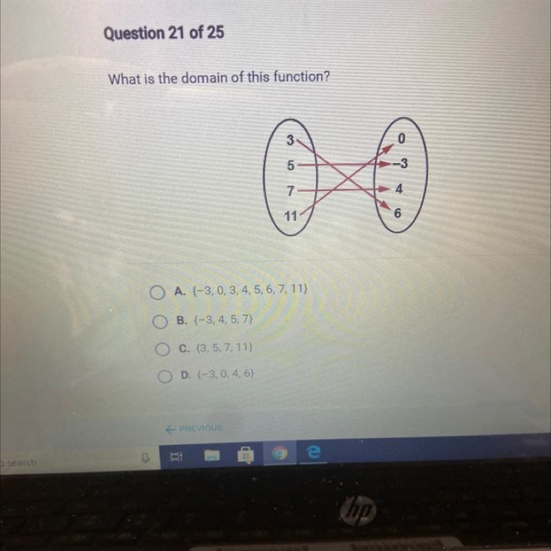 What is the domain of this function? 5 7 4 11 O A. (-3, 0, 3, 4, 5, 6, 7, 11} B. {-3, 4, 5, 7) C-example-1