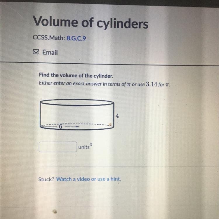 Find the volume of the cylinder.-example-1