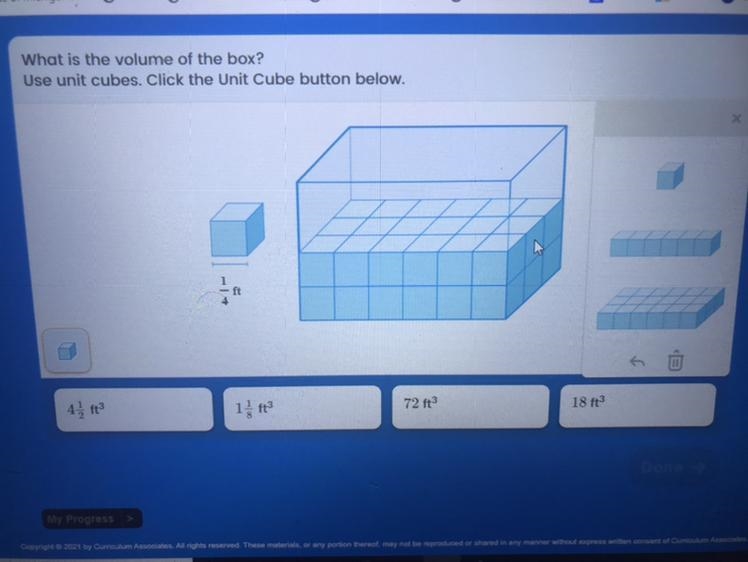 What is the volume of the box? Use unit cubes. Click the Unit Cube button below.-example-1