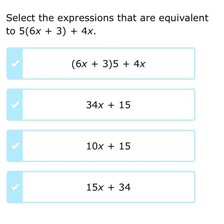 Select the expressions that are equivalent to 5(6x+3)+4x.-example-1