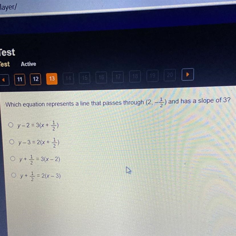 Which equation represents a line that passes through (2,-1) and has a slope of 3? O-example-1