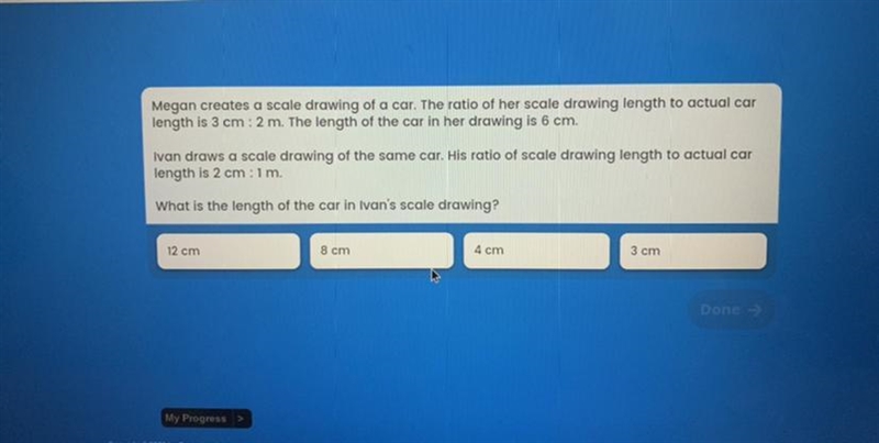 Megan creates a scale drawing of a car. The ratio of her scale drawing length to actual-example-1