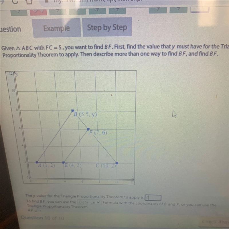 Given Triangle ABC with FC=5, you want to find BF. First, find the value that y must-example-1