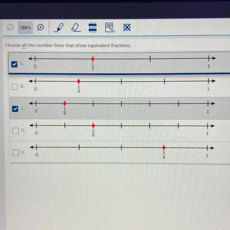 Choose all the number lines that show equivalent fractions. A. + 1 0 j 1 B. o + 1 이고 0 1 + + + 1 D-example-1