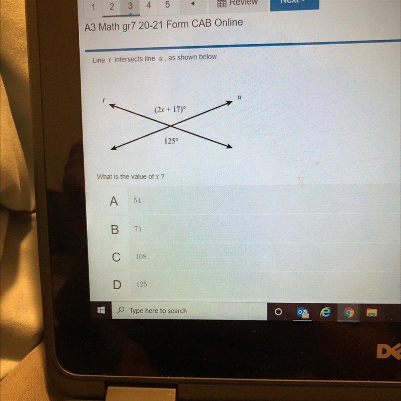 Line t intersects line u, as shown below. 11 (2x +17) 125° What is the value of x-example-1