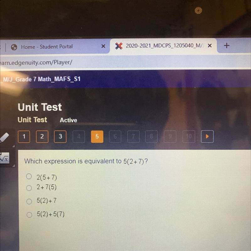 What expression is equivalent to 5(2+7)-example-1