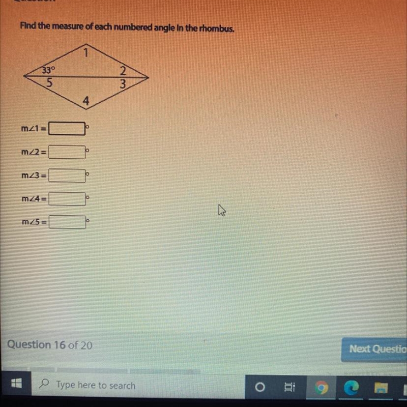 Help I need help!!!! Please Find the measure of each numbered angle in the rhombus-example-1