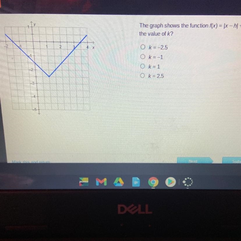 The graph shows the function f(x) = |x-h| + k. What is the value of k?-example-1