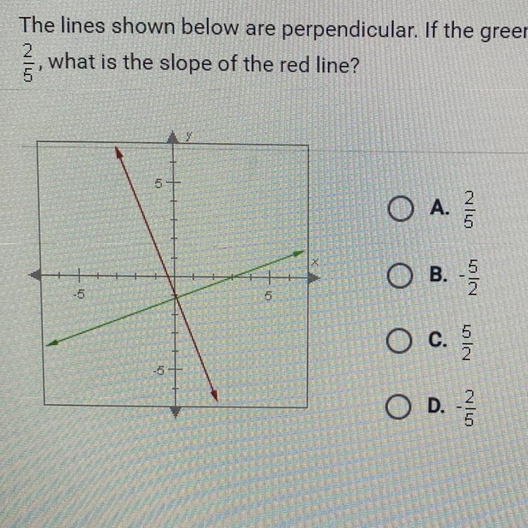 The lines shown below are perpendicular. If the green line has a slope of 2 what is-example-1