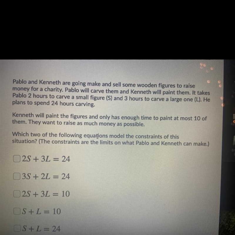 Question 1 (2 points) Pablo and Kenneth are going make and sell some wooden figures-example-1