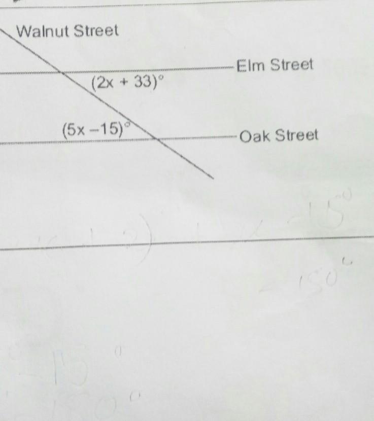 two parallel roads, Elm Street and Oak Street, are crossed by a third, Walnut Street-example-1