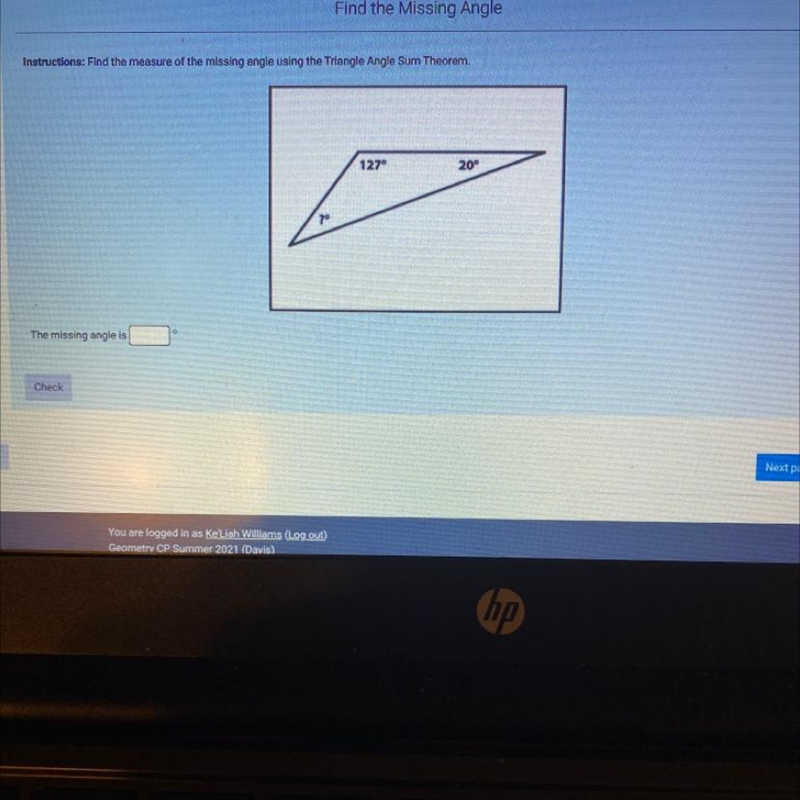 Find the measure of the missing angle using the triangle angle sum theorm.-example-1