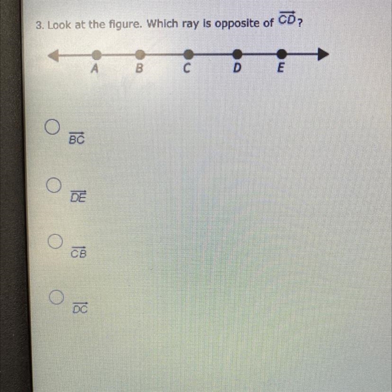 3. Look at the figure. Which ray Is opposite of co; А B C D E-example-1