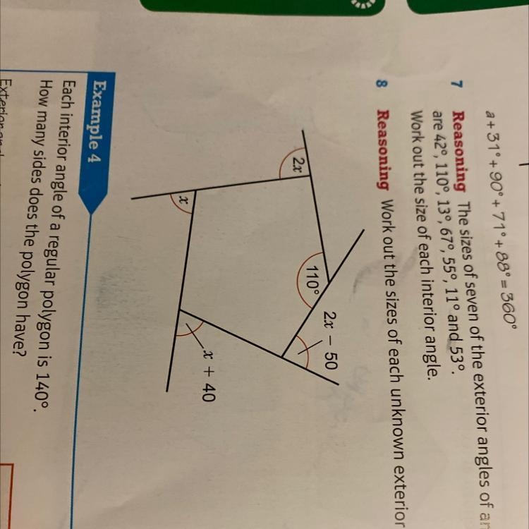 Work out the sizes of each unknown exterior angle in this polygon-example-1