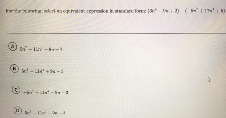 For the following, select an equivalent expression in standard form: (6n4 – 9n + 2) - (-51&quot-example-1