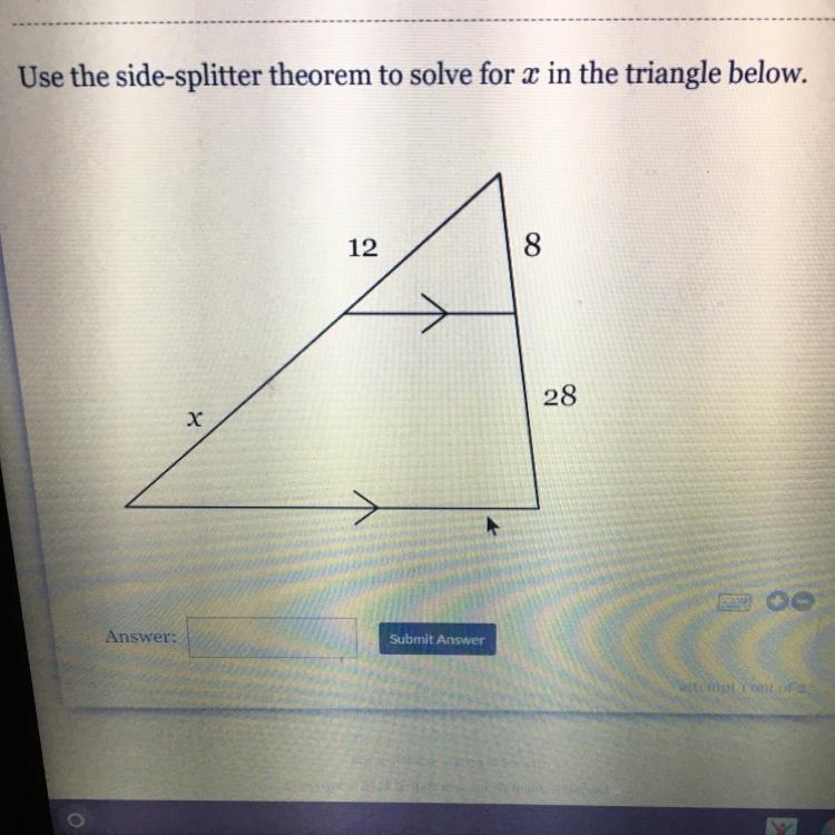 Use the side-splitter theorem to solve for x in the triangle below.-example-1