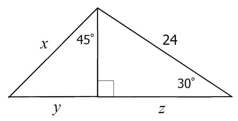 Find the exact value of each variable. x= y= z=-example-1