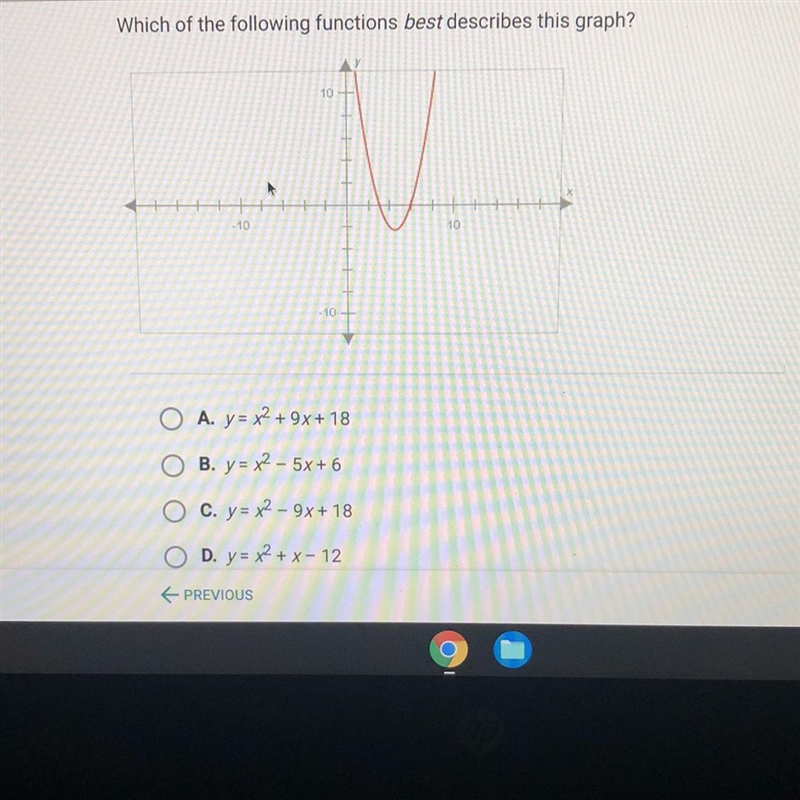 Which of the following functions best describes this graph? A. y = x2 + 9x+18 B. y-example-1